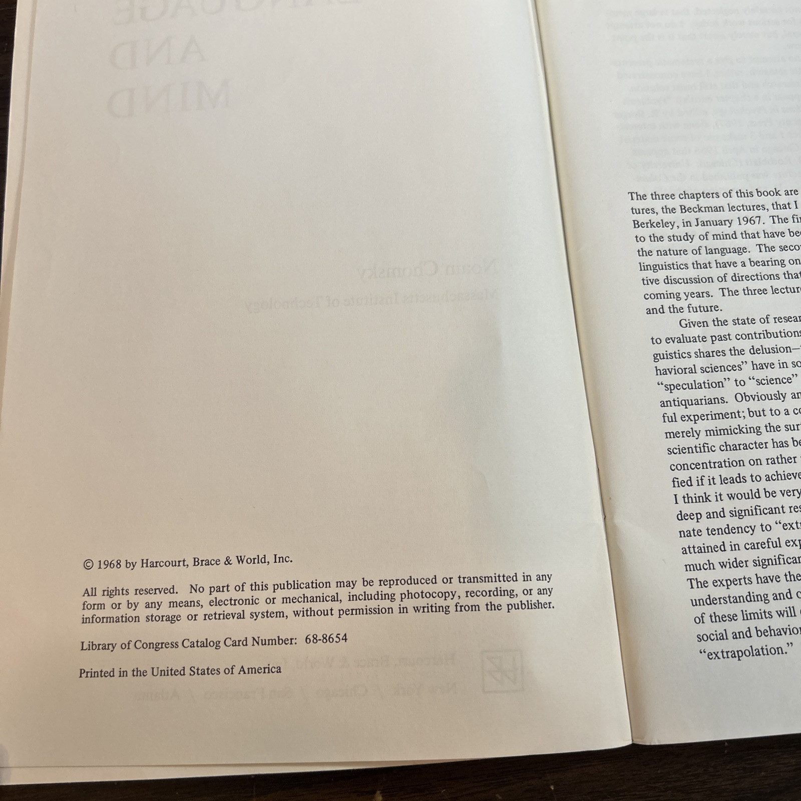 First Edition, Language and Mind, Seminal Work by Noam Chomsky, 1968
