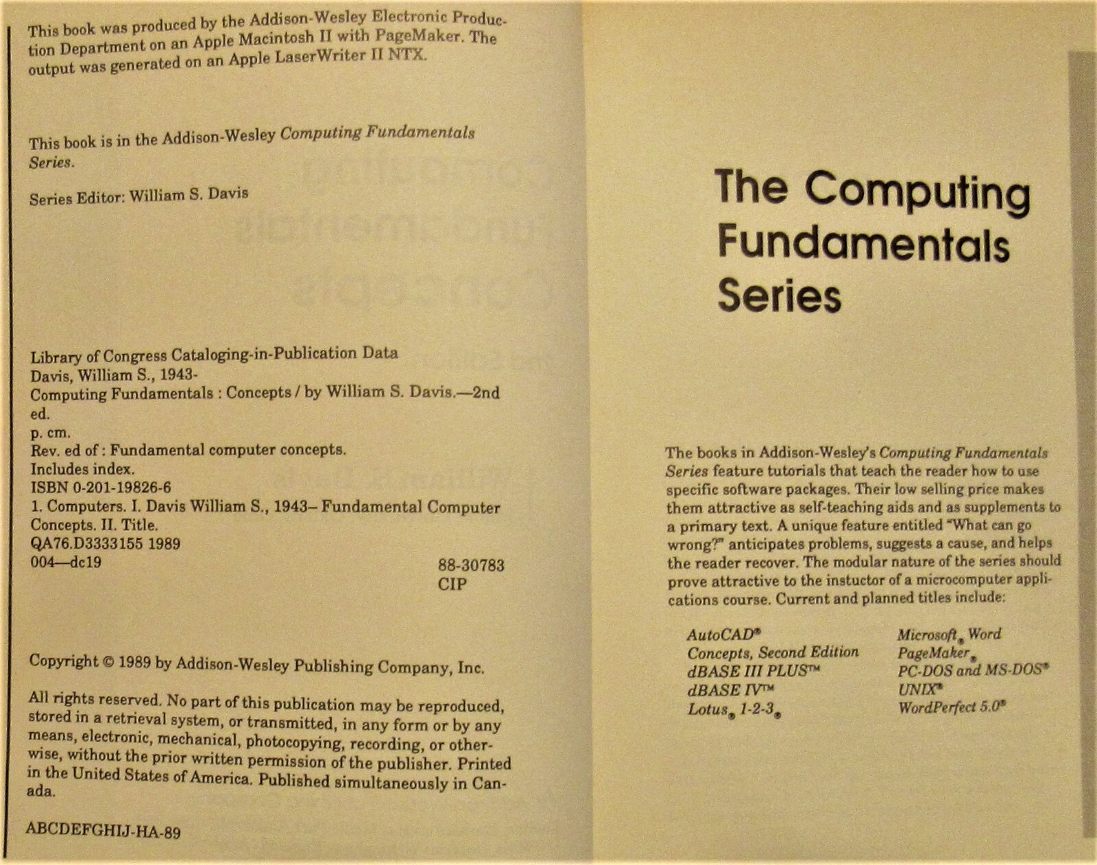Computing Fundamentals Concepts William S. Davis 2nd Ed 1989 Professional Copy