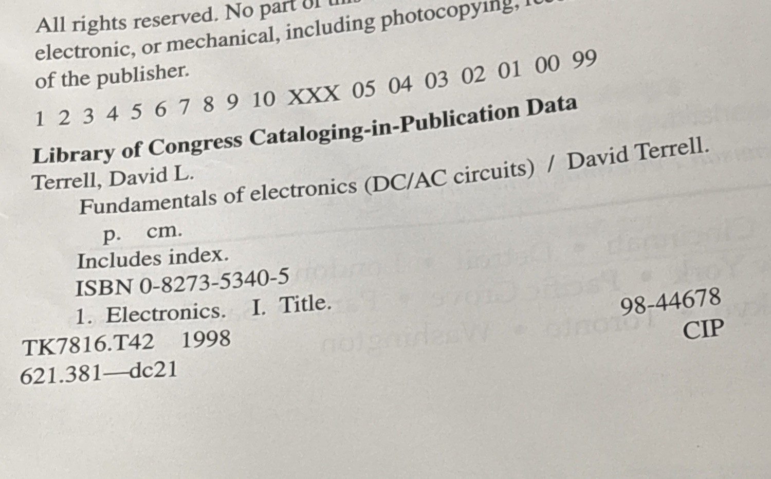 Fundamentals of Electronics: DC/AC (Both) Circuits D. Terrell 1998 HB Textbook