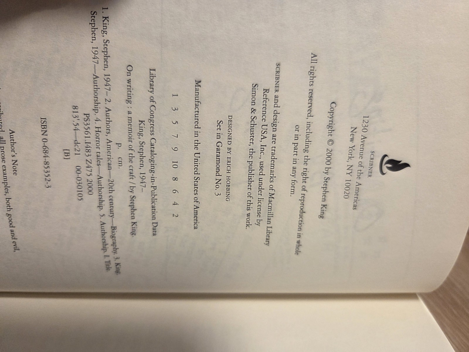On Writing by Stephen King (2000) True 1st Edition/1st Printing with DJ