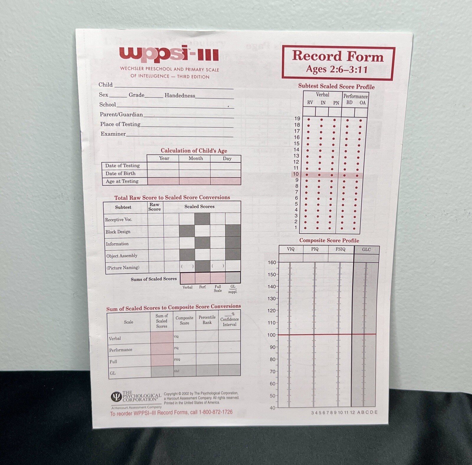 WPPSI-III Wechsler Preschool & Primary Scale Record Form Blank Ages 2:6-3:11 NEW