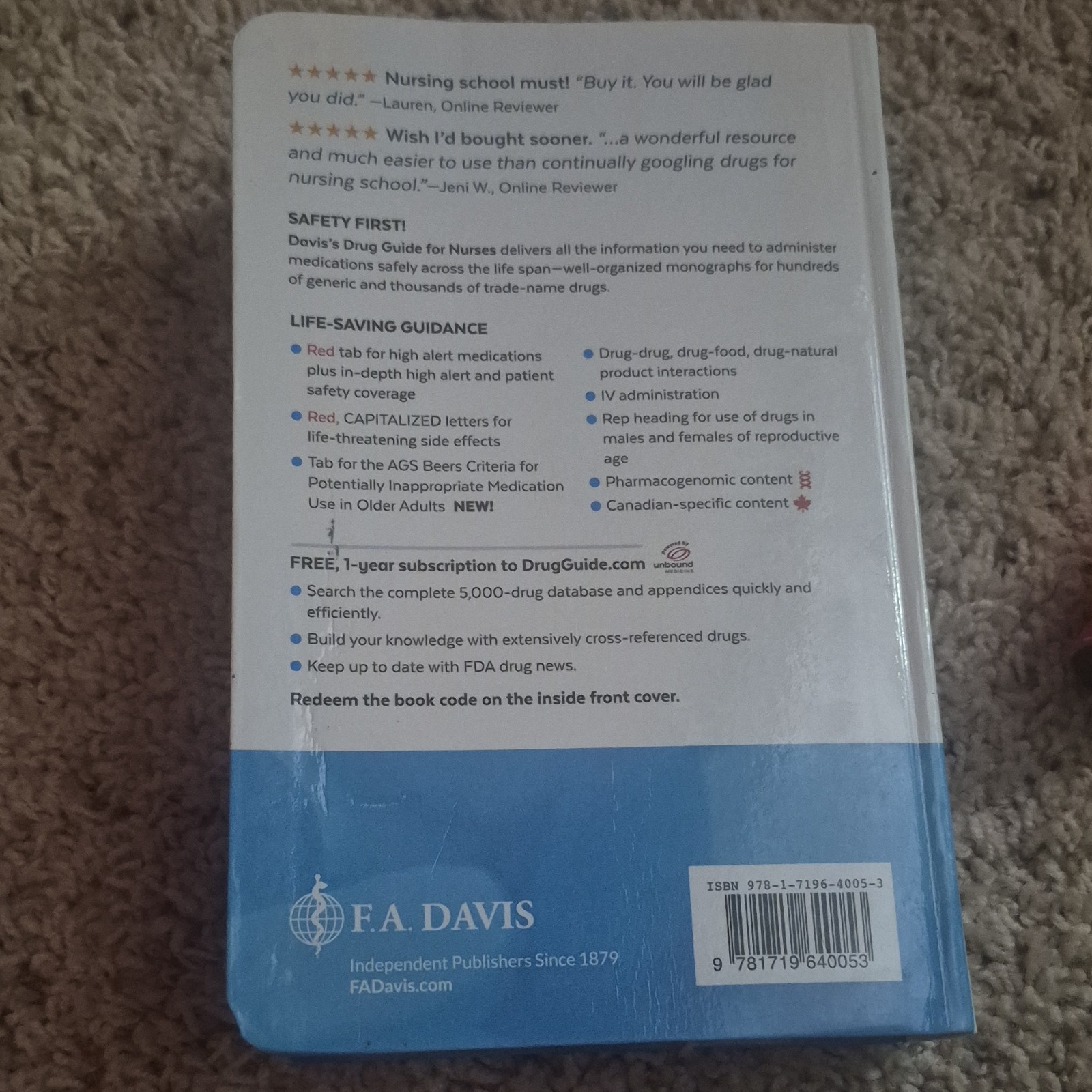 Davis’s Drug Guide for Nurses 17th Ed Vallerand Sanoski Hardcover F.A. Davis